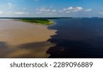 Amazonia, River Amazone mixing with River Negro next to Manaus, Brazil. With a drone.