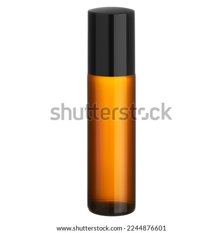 Amber brown glass roll ball, tall bottle with glossy black cap on isolated background. Cosmetic vial bottle filled with essential oil, fragrance. 