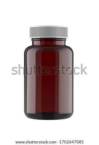 Amber Brown Transparent Plastic Bottle for Pills Packing with White Lid. 3D Render Isolated on White Background.