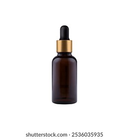 Amber dropper bottle mockup with gold cap, ideal for displaying essential oils, serums, or skincare products. Elegant and minimalist design isolated on a white background.