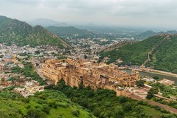 Amber Fort Or Amer Fort In Jaipur, India. Mughal Architecture Medieval Fort Made Of Yellow Sandstone. Architecture Of India. Aerial View From Jaigarh Fort.