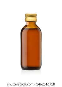 Amber Glass Bottle Of Liquid Medicine With Gold Cap  Isolated On White Background, Clipping Path.
