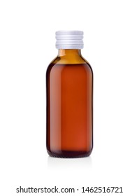 Amber Glass Bottle Of Liquid Medicine With White Cap  Isolated On White Background, Clipping Path.