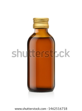 Amber glass bottle of liquid medicine with gold cap  isolated on white background, Clipping path.