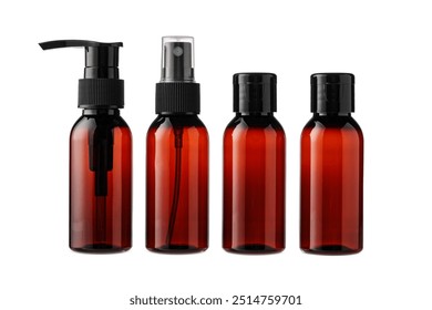 Amber glass bottles with various dispensers for cosmetics or skincare products - Powered by Shutterstock