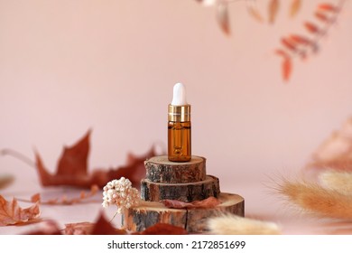 Amber glass cosmetic dropper bottle standing on wooden disks with dry flowers and leaves on beige background. Autumn composition. Concept of natural and organic skincare products presentation