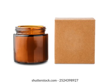 Amber glass jar with lid beside a brown kraft paper box - Powered by Shutterstock