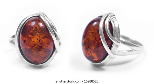 amber ring front and profile on white isolated background