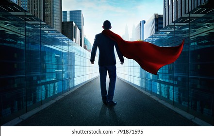 Ambitions concept with hero businessman walking from alley to modern city .