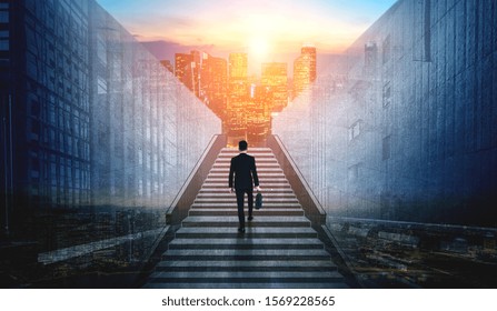 Ambitious Business Man Climbing Stairs To Meet Incoming Challenge And Business Opportunity. The High Stair Represents The Concept Of Career Path Success, Future Planning And Business Competitions.