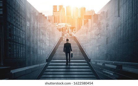 Ambitious Business Man Climbing Stairs To Meet Incoming Challenge And Business Opportunity. The High Stair Represents The Concept Of Career Path Success, Future Planning And Business Competitions.