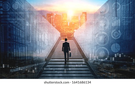 Ambitious Business Man Climbing Stairs To Meet Incoming Challenge And Business Opportunity. The High Stair Represents The Concept Of Career Path Success, Future Planning And Business Competitions.