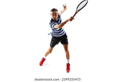 Ambitious and concentrated man, tennis player in motion, practicing, hitting ball with racket, training isolated over white background. Concept of sport, hobby, active, healthy lifestyle, competition - Powered by Shutterstock