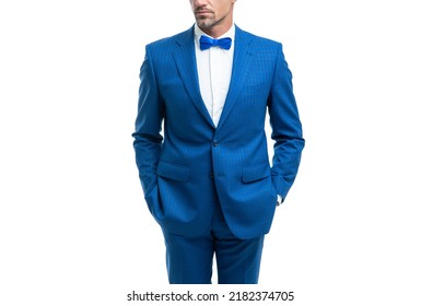 Ambitious Man Bridegroom In Blue Rich Tux Bow Isolated On White Background