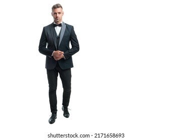 ambitious man bridegroom in rich tux bow isolated on white background. full lentgh - Shutterstock ID 2171658693