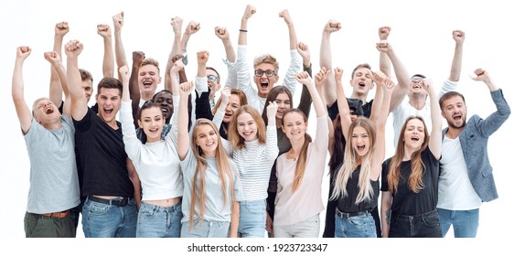 ambitious team of young people with hands up - Shutterstock ID 1923723347