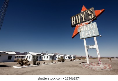 AMBOY, CA, USA - JULY 31: Legendary Roy's Motel and Cafe in Amboy, CA on July 31, 2013. Roy's Motel and Cafe was a classic stop for gasoline or rest in the Mojave desert on historic Highway Route 66. 