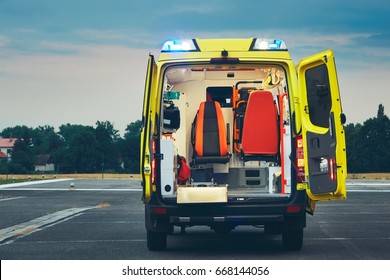 Ambulance Car Of The Emergency Medical Service At Night.