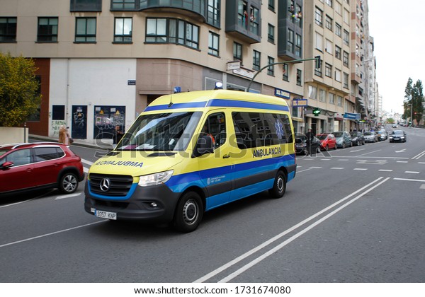 A Coruña-Spain.Spain\
ambulance car, emergency medical service in mission . Coronavirus\
worldwide outbreak crisis. Spread of the COVID-19 virus on May\
10,2020