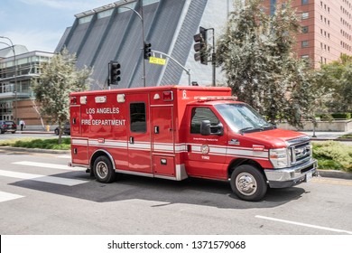 Ambulance car in Los Angeles downtown - CALIFORNIA, UNITED STATES - MARCH 18, 2019