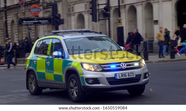 ambulance car in the Streets of London - LONDON,\
UNITED KINGDOM - DECEMBER 10,\
2019