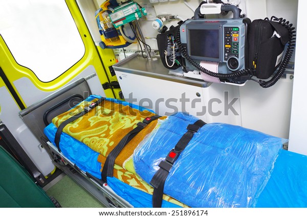 Ambulance interior details. Emergency equipment\
and devices