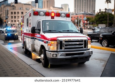 An ambulance with lights activated and a police car behind it  in an urban environment  