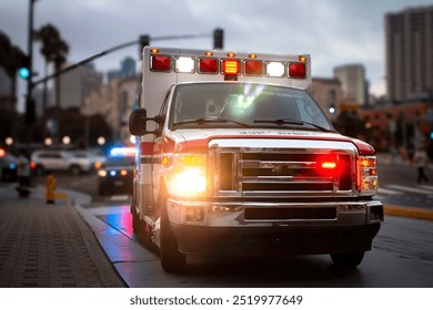 An ambulance with lights activated and a police car behind it  in an urban environment 