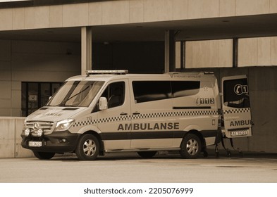 Ambulance Near Of The Ostfold Regional Hospital. June 17,2018. Osfold Region, Norway