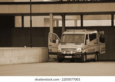 Ambulance Near Of The Ostfold Regional Hospital. June 17,2018. Osfold Region, Norway