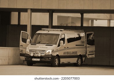 Ambulance Near Of The Ostfold Regional Hospital. June 17,2018. Osfold Region, Norway