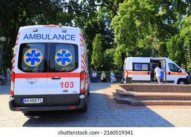 Ambulance On Street In Kyiv. Ambulance Helps Sick, Wounded, People With Injuries In Disasters, Car Accidents Kiev, Ukraine, 15.06.2021
