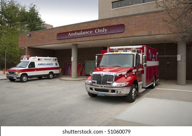 Ambulance Pulling Up To Emergency Entrance Of A Hospital