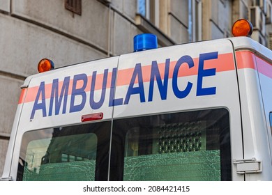 Ambulance Sign At Rear End Of Emergency Vehicle