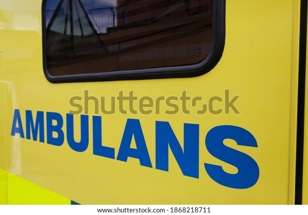 Ambulance text in\
ambulance vehicle in\
Sweden