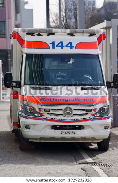 Ambulance van at City of Zurich. Photo taken\
March 4th, 2021, Zurich,\
Switzerland.