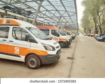 Ambulances Lined Up In Front Of Emergency Response Center,March 17th 2019,Oborishte Minicipality,Sofia,Bulgaria.