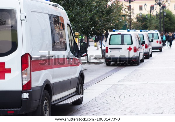 ambulances on a\
city street, in the afternoon. Help and care for citizens,\
population. Emergency medical care, medical error. St. Petersburg,\
Russia, August 28, 2020, st.\
Millionth