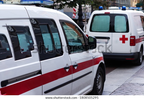 ambulances on a\
city street, in the afternoon. Help and care for the population.\
Emergency medical care, medical error. St. Petersburg, Russia,\
August 28, 2020, st.\
Millionth
