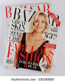 AMELAND, HOLLAND - MAY 21, 2015: Stack of magazines Harpers Bazaar, on top issue October 2012 with KATE HUDSON. - Shutterstock ID 330240800