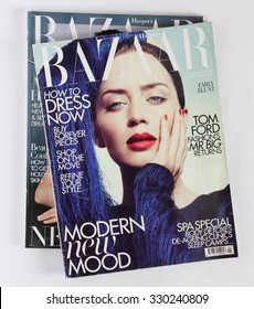 AMELAND, HOLLAND - MAY 21, 2015: Stack of magazines Harpers Bazaar, on top issue January 2011 with EMILY BLUNT