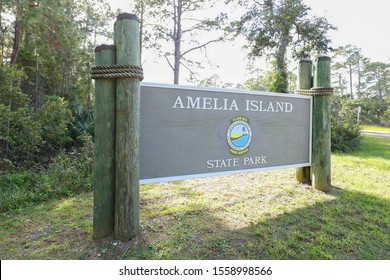 AMELIA ISLAND, FL - NOVEMBER:  Amelia Island State Park Sign, Amelia Island Park Is A Public Park With 200 Acres Of Unspoiled Wilderness And Horseback Riding On The Beach As Seen On November 11, 2019.