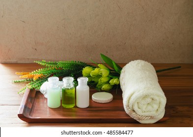 Amenity Hotel, Accessories For Bathroom, Conditioner, Soap, Shampoo, And Towel Put On Wood