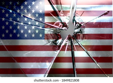 America Divided Concept, American Flag On Cracked Background. US Elections, Polarization And Political Division, Rich And Poor, Educated And Non Educated People