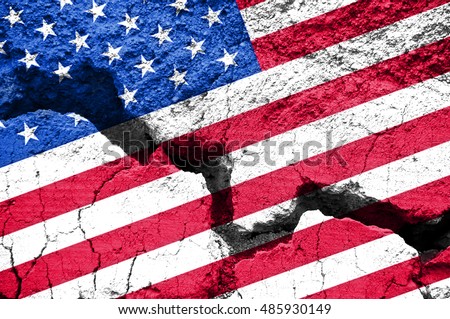 America divided concept, american flag on cracked background. US elections, republicans democrats polarization
