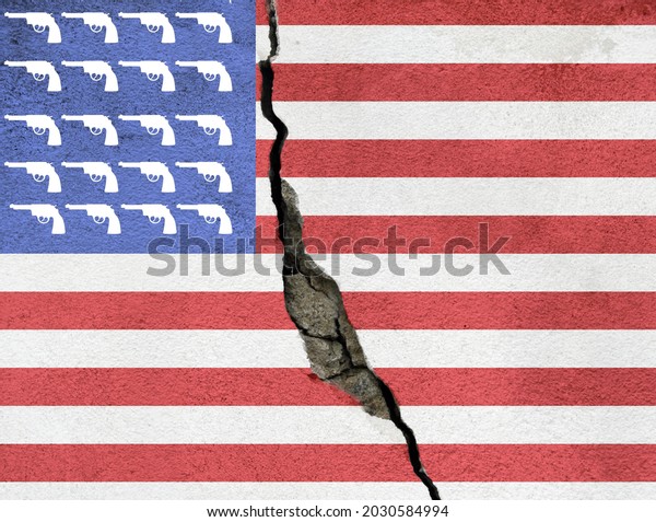America divided concept and violence. american\
flag on cracked background. Stars are replaced by guns. Division\
between republicans and democrats, rich and poor, educated and non\
educated people