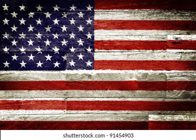 America Flag Painted On Old Wood Background