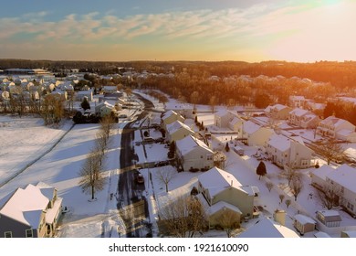 America Peaceful Landscape Snow Amazing Winter Sunset Scenery In Residential Houses And Streets Of A Small Town After The Snowy Time