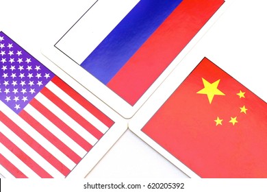 America , Russia, China - National Flag With The Small Blackboard In The Middle For Free Text 
