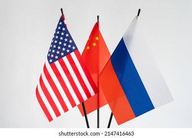 America , Russia, China - National Flags On White Background